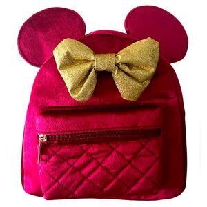 New Disney Minnie Mouse Red Velvet Backpack with 3D Bow & Ears.
